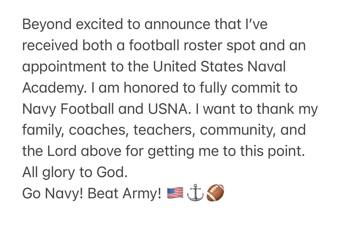 Fully Committed and Navy Bound
<a href="/CoachJNagle/">Jesse Nagle</a> <a href="/PaFootballNews/">Pennsylvania Football News</a> <a href="/NavyFBrecruit/">Navy Football Recruiting</a> <a href="/NavyCoachYo/">Mick Yokitis</a>
#RollGoats #GoNavy #AGTG