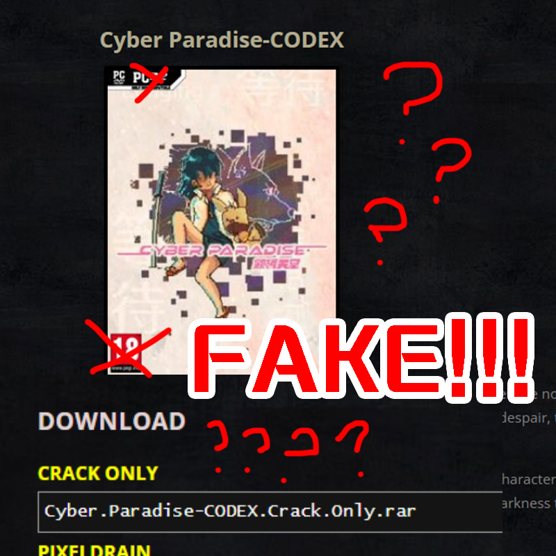 📢Attention! DO NOT download #CyberParadise from unknown sources! 
Demo isn't even finished, but it's already been pirated?
❌Main game's production hasn't begun
❌Game is NOT 18+ 🤬
❌We are not making DVDs
Please support #indiedev when the game is out (2024 Steam, 2025 Switch)