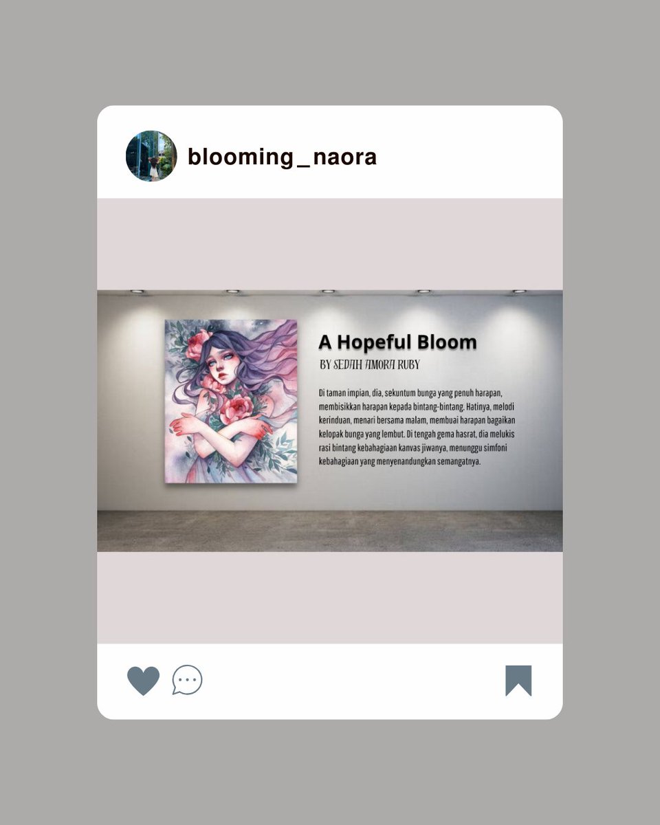 ㅤ
ㅤ
𝐈𝐍𝐒𝐓𝐀𝐆𝐑𝐀𝐌 ❁ 𝐔𝐏𝐃𝐀𝐓𝐄
─────  ❁❁  ─────
𝗯𝗹𝗼𝗼𝗺𝗶𝗻𝗴_𝗻𝗮𝗼𝗿𝗮 𝗽𝗼𝘀𝘁𝗲𝗱 𝗻𝗲𝘄 𝗽𝗼𝘀𝘁.

Ada banyak cara untuk menyampaikan perasaan, salah satunya melalui lukisan. Itu salah satu alasanku suka banget mampir ke art exhibition.
ㅤ
ㅤ