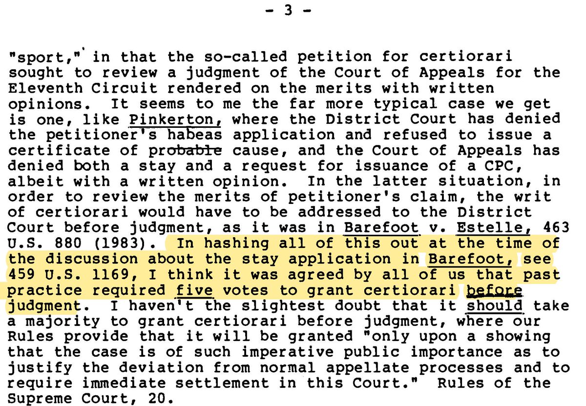 On the question of whether #SCOTUS requires four votes or five votes to grant a petition for certiorari 'before judgment,' here's a 1985 memorandum from then-Justice Rehnquist suggesting that the Court had agreed in 1983 that the answer was *five*: supremecourtopinions.wustl.edu/files/opinion_…