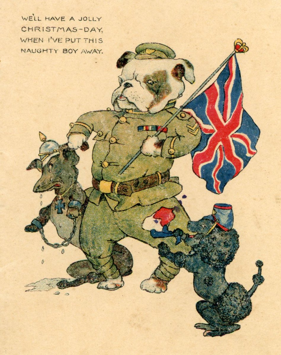 #MerryChristmas from a gruff #bulldog taking the Kaiser to task as a #poodle representing #France looks on. #WWI #FWW #Christmascards