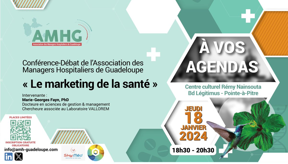 Managers Hospitaliers Guadeloupe 🏥 (@amhg_officiel) on Twitter photo Prochain rendez-vous de <a href="/AMHG_officiel/">Managers Hospitaliers Guadeloupe 🏥</a>
📍 18 janvier 2024 - 18h30 - Centre culturel Rémy Nainsouta - Pointe-à-Pitre - #Guadeloupe
🎙 Le marketing de la santé, intervenante <a href="/MarieFayn/">Marie-Georges FAYN</a> Dr/PhD en sciences de gestion & management
Inscription obligatoire
info@amh-guadeloupe.com Prochain rendez-vous de <a href="/AMHG_officiel/">Managers Hospitaliers Guadeloupe 🏥</a>
📍 18 janvier 2024 - 18h30 - Centre culturel Rémy Nainsouta - Pointe-à-Pitre - #Guadeloupe
🎙 Le marketing de la santé, intervenante <a href="/MarieFayn/">Marie-Georges FAYN</a> Dr/PhD en sciences de gestion & management
Inscription obligatoire
info@amh-guadeloupe.com