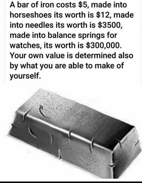 'A bar of iron costs $5, made into horseshoes its worth is $12, made into needles its worth is $3,500, made into balance springs for watches its worth is $300,000. Your own value is also determined by what you make of yourself.' - Unknown