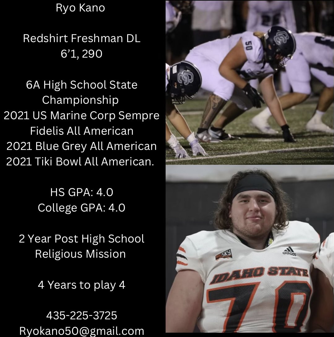 Ryo Kano (@rok_kano55) on Twitter photo 6’1, 290 RS Freshman DL looking to join a team for Spring Semester.
4.0 HS & University GPA.
4 years to play 4.
<a href="/AlphaRecruits15/">Will Snowden</a> <a href="/levelupelites/">Level Up Elites</a> <a href="/Ezwrighter10/">Coach E.Z</a> <a href="/AIGAFoundation/">AIGA Foundation</a> <a href="/BlueGreyFB/">Blue-Grey All-American Bowl</a> <a href="/KjarEric/">Eric kjar</a> <a href="/SuteraCasey/">Casey Sutera</a> 6’1, 290 RS Freshman DL looking to join a team for Spring Semester.
4.0 HS & University GPA.
4 years to play 4.
<a href="/AlphaRecruits15/">Will Snowden</a> <a href="/levelupelites/">Level Up Elites</a> <a href="/Ezwrighter10/">Coach E.Z</a> <a href="/AIGAFoundation/">AIGA Foundation</a> <a href="/BlueGreyFB/">Blue-Grey All-American Bowl</a> <a href="/KjarEric/">Eric kjar</a> <a href="/SuteraCasey/">Casey Sutera</a>