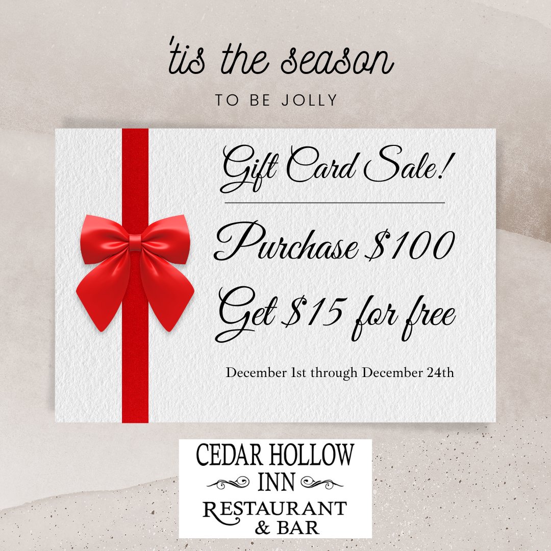 CedarHollowInn's tweet image. Looking for the perfect stocking stuffer? Buy your favorite person a $100 gift card to The Cedar Hollow Inn, and get yourself a $15 gift card for free! Available through the 24th!