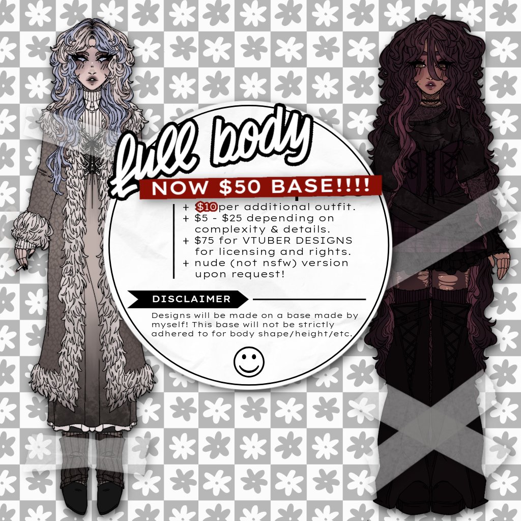 fauxcal0id's tweet image. 🚨🚨🚨 EMERGENCY CUSTOMS OPEN 🚨🚨🚨
⚫️ $50 Base Price + $10 per ADDITIONAL OUTFIT
⚪️ Flat Color Full Body comes with 1 Outfit
⚫️ Individual Outfit Customs available for only $15!!
⚪️ More info in replies!