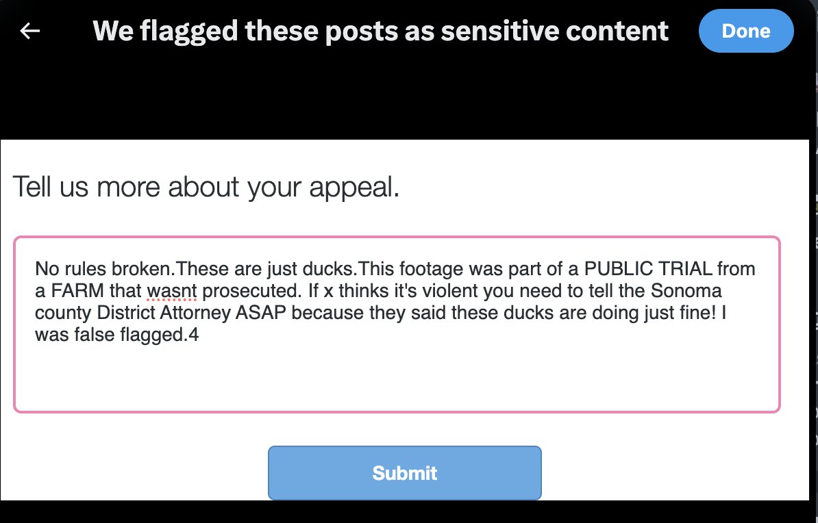 dontfckwjustice's tweet image. I mean, even AI thinks Reichardt Duck Farm footage is scary.
And that&apos;s just the duck warehouse, not the slaughterhouse.
And only 5 seconds of it.
If my content keeps getting FALSE FLAGGED &amp;amp; SUPPRESSED here Im taking this content to TikTok ya&apos;ll.
Free speech
@Support @grok 
🤦🏼‍♀️😂