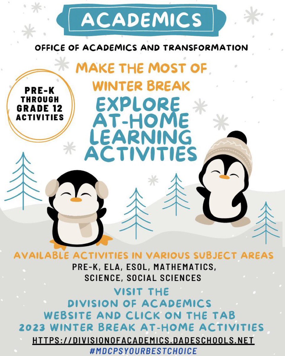 An array of engaging Winter Break Activities are available on the Division of Academics website. Students can also access these activities thru Schoology! Let's make this Winter Break a time of exploration & fun learning! #yourbestchoicemdcps @MDCPS