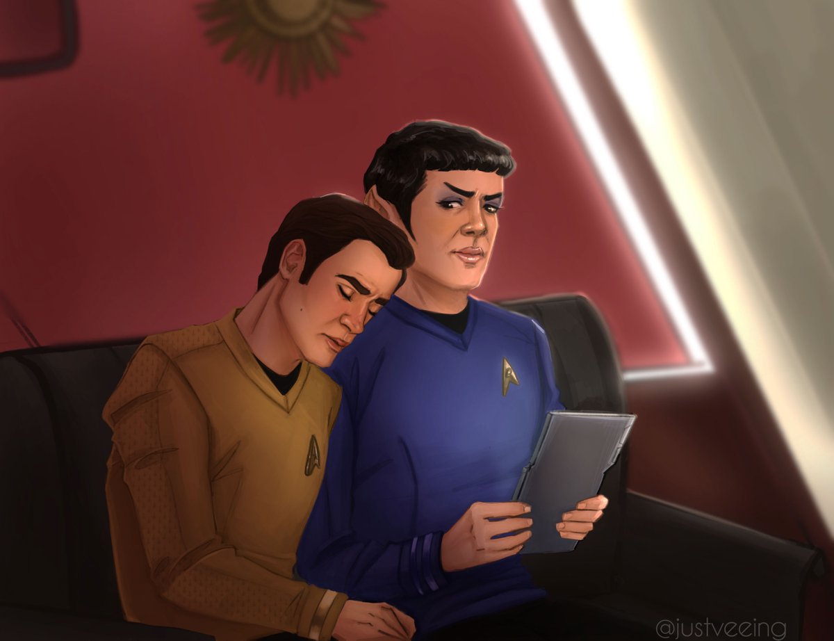 Eventually the effects of the coffee started to wear off, and Spock’s quarters were so warm and comfortable, and he leaned over to look at some equation Spock was indicating on his PADD, and Jim wondered if his head was always this heavy…
#Spirk #StarTrekFanart