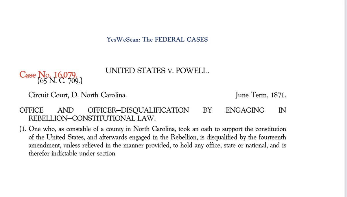 DarrylJ1956's tweet image. Case law dating back to 1871 established that insurrection disqualifies individuals from public service under the 14th Amendment. This disqualification is not contingent on due process or indictment; it is determined through the judicial process.&quot;👇