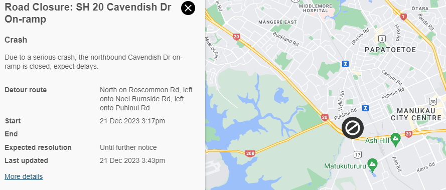 SH20 CAVENDISH DR ON-RAMP - ROAD CLOSURE - 3:45PM THU 21 DEC
Due to a serious crash the northbound Cavendish Dr on-ramp is CLOSED. For more information please check the Highway Conditions Map here: spr.ly/6019RV0Pz ^MS