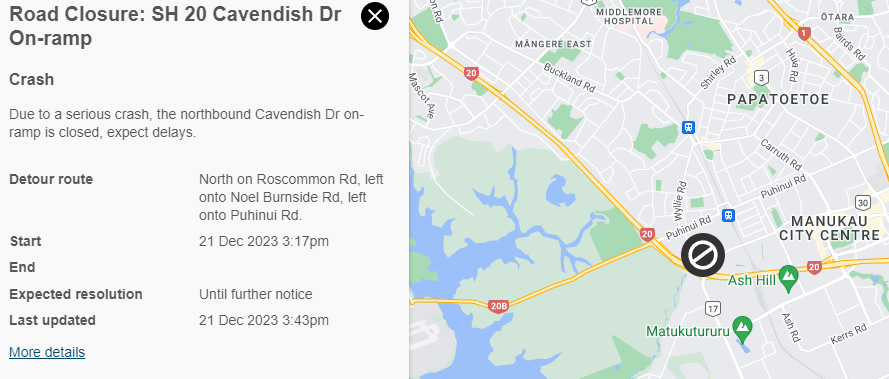 SH20 CAVENDISH DR ON-RAMP - ROAD CLOSURE - 3:45PM THU 21 DEC Due to a serious crash the northbound Cavendish Dr on-ramp is CLOSED. For more information please check the Highway Conditions Map here: spr.ly/6019RV0Pz ^MS