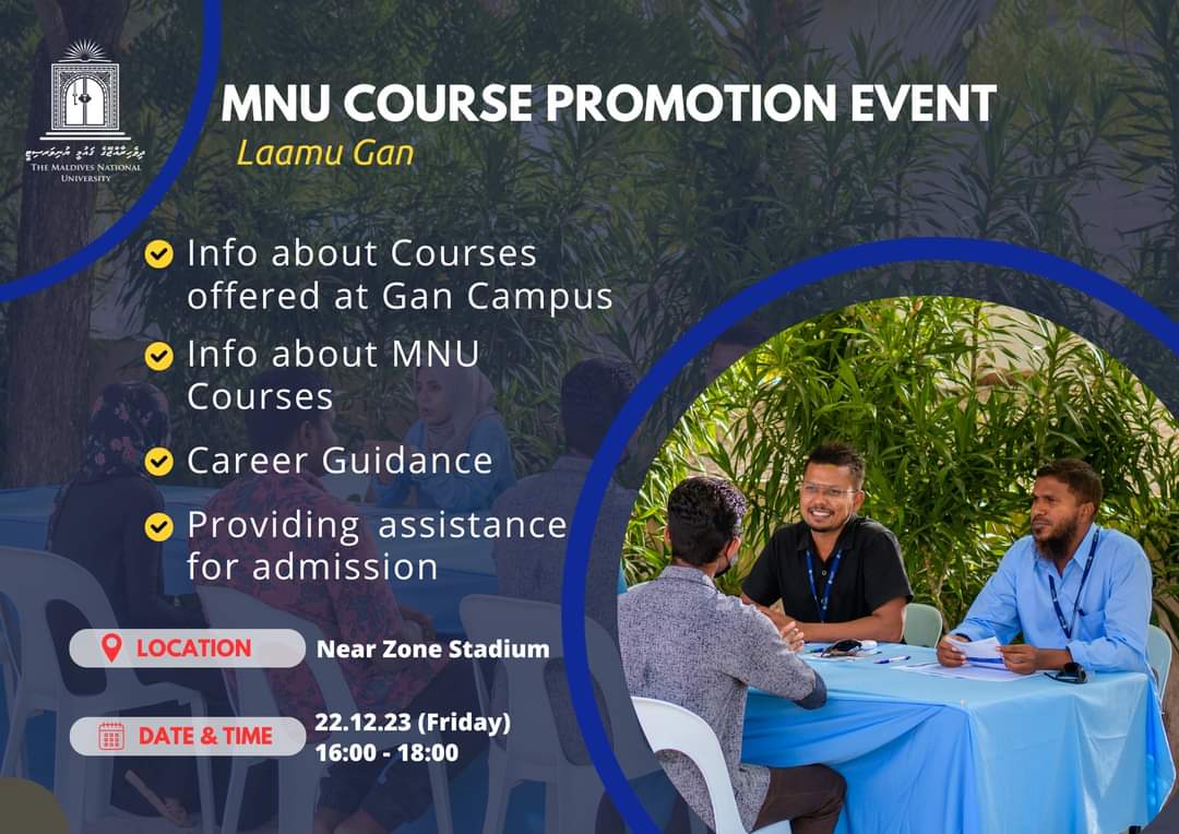 Join us on the 22nd of December 2023 between 16:00 - 18:00 Near zone stadium area to find out more about our courses, facilities, study options, and more. 
@MNUedu
#MNU #FahiDhuvas #Februaryintake2024 #NationBuilding #Since1973