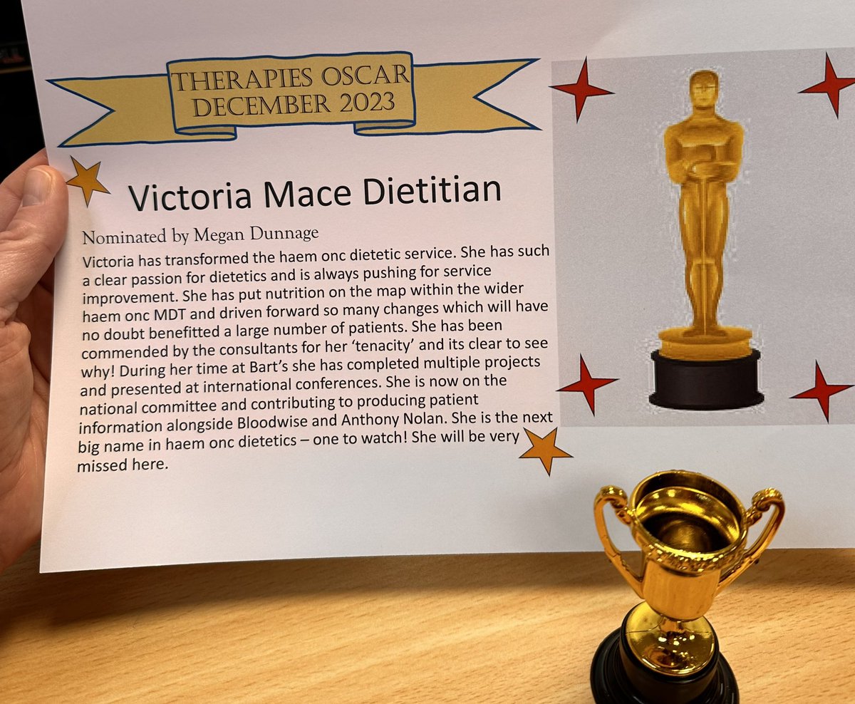 Very chuffed my my #oscar nomination as a #HaematologyDietitian at @BartsHospital It’s so important to recognise the hard work we all put in and give each other props for it 🙌 @SBH_Dietitians