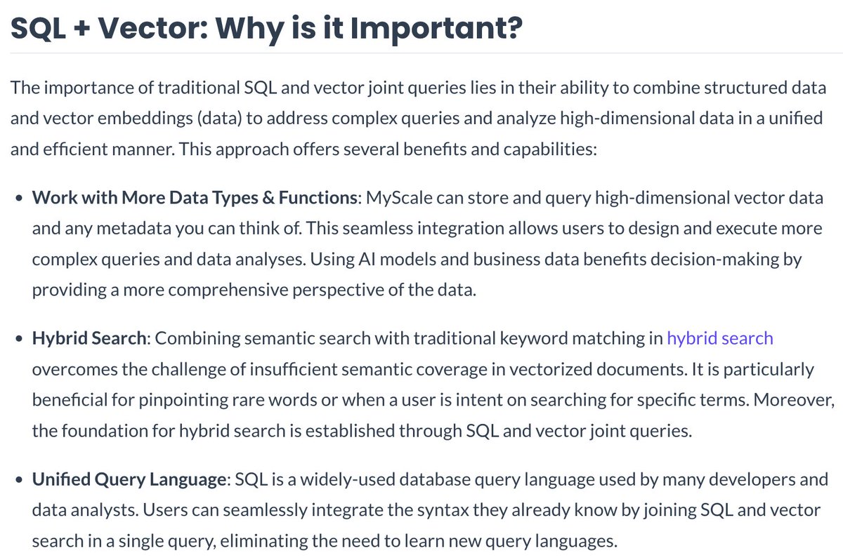 MyScaleDB's tweet image. The #LLM stack over structured data is typically #Text2SQL, while for unstructured data it is vector + metadata search and #RAG. So what new possibilities would SQL + vector joint queries bring to the new LLM + data stack?
🧐Find the answer in our doc: myscale.com/docs/en/joint-…