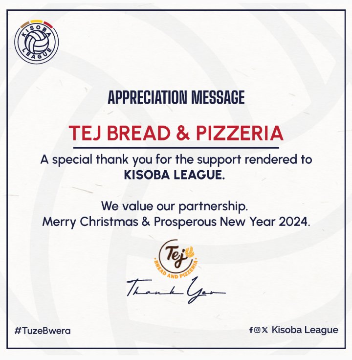 KISOBA LEAGUE (@kisobaleague) on Twitter photo Appreciation Message β <a href="/tejbreadandpizz/">TEJ Bread and Pizzeria π π</a> ! Thank your for your tremendous support in our Season II.
#KLSnIIAppreciation #KISOBALeague Appreciation Message β <a href="/tejbreadandpizz/">TEJ Bread and Pizzeria π π</a> ! Thank your for your tremendous support in our Season II.
#KLSnIIAppreciation #KISOBALeague