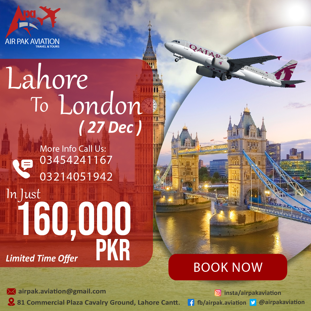 Embark on an Extraordinary Journey From Lahore to London on 27th December With the Very Cheapest Air Fare From Air Pak Aviation! 🇬🇧✈️ Don't Miss Out on this Limited Time Offer 🛫
#AirPakAviation #London #uk #Travel #CheapestFare #flight #explore #Airfare #exploreuk #UnitedKingdom