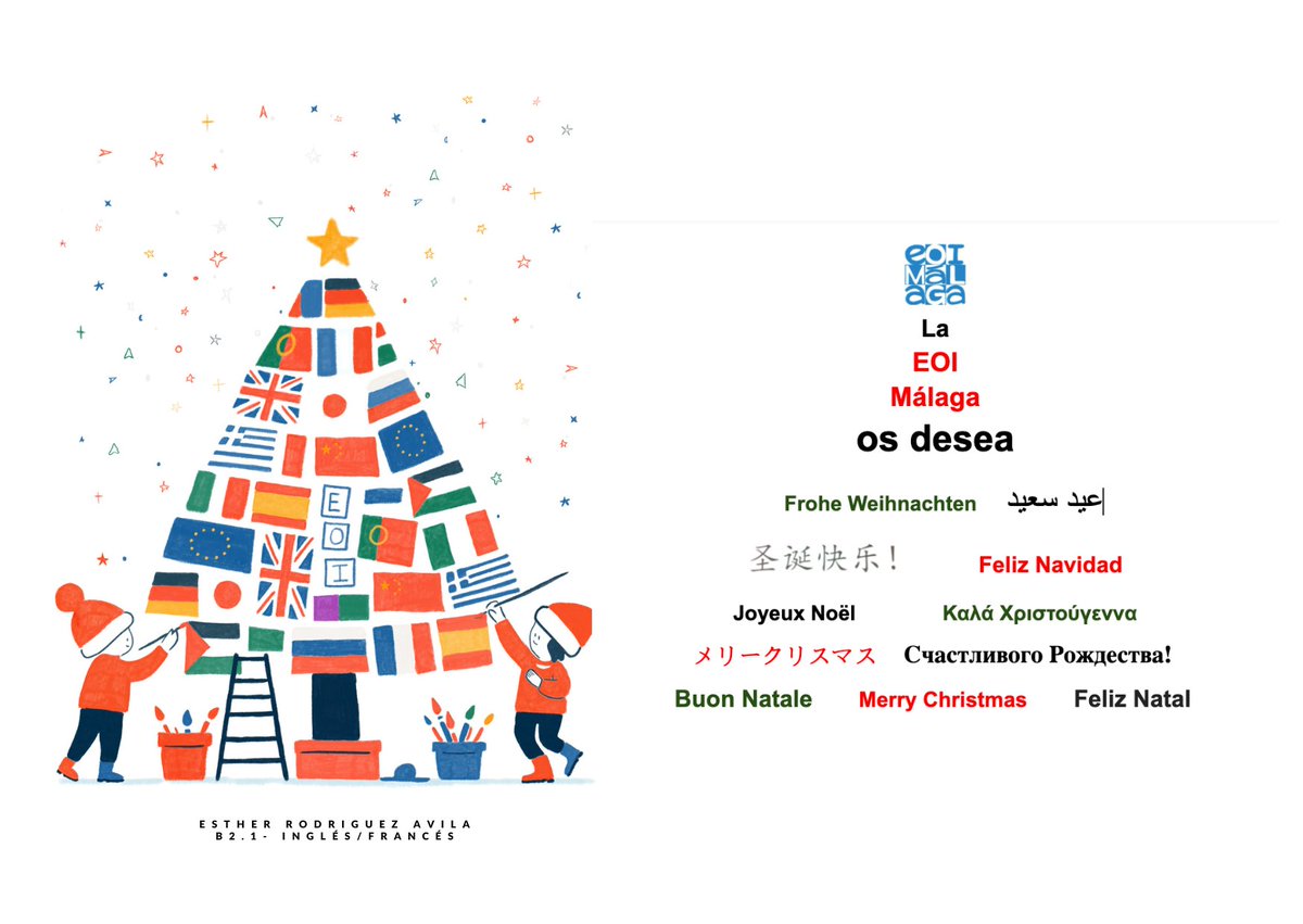 Os deseamos felices fiestas y feliz año nuevo, con la tarjeta ganadora de nuestro tradicional concurso navideño, cuya autora es Esther Rodríguez Ávila, alumna de B2.1 Inglés- francés. Con esto y un panettone, ¡hasta el lunes 8 de enero! tiny.cc/lrsjvz