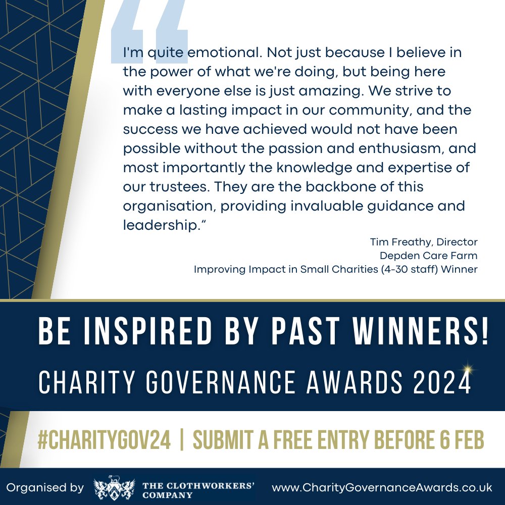 #CharityGov2024 is open! Choose from 6 categories that allow you to celebrate your #trustees. Entry is FREE! Be inspired by past winners like @DepdenCareFarm (Improving Impact in Small #Charities 4-30 staff). Read their story and submit your entry at ow.ly/LIv850QfzYP