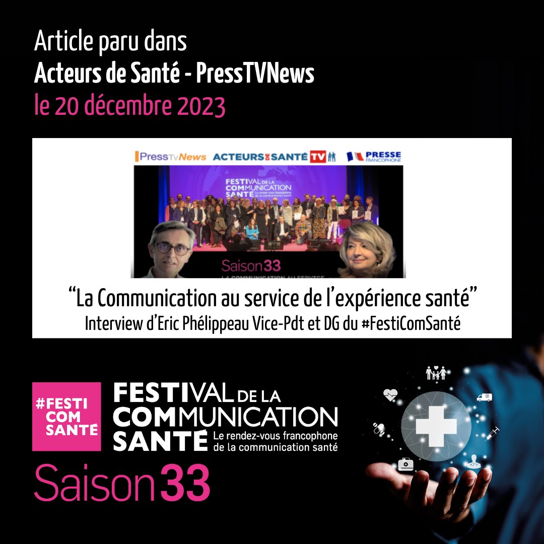 Festival de la Communication Santé (@festicomsante) on Twitter photo 📢Rubrique #festicomsante : Ils parlent de nous !
via <a href="/acteursdesante/">Acteurs de santé TV #Tvsanté</a> #webTV - PressTVNews
" La Communication au service de l’expérience santé - 33ème Festival de la Communication Santé "
🎤Interview d'<a href="/EricPhelippeau/">Eric Phélippeau</a> Vice-Président et Directeur Général du #FestiComSanté.
🙏Merci 📢Rubrique #festicomsante : Ils parlent de nous !
via <a href="/acteursdesante/">Acteurs de santé TV #Tvsanté</a> #webTV - PressTVNews
" La Communication au service de l’expérience santé - 33ème Festival de la Communication Santé "
🎤Interview d'<a href="/EricPhelippeau/">Eric Phélippeau</a> Vice-Président et Directeur Général du #FestiComSanté.
🙏Merci