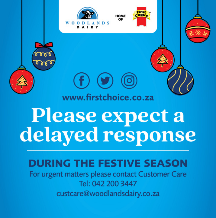 The First Choice Social Media team will be taking a break from 22 December - 03 January. Please take note of the following⬇️. #FirstChoiceSA #thegoodchoice