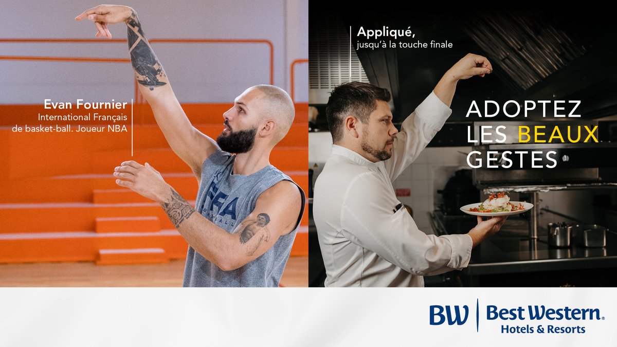 Adoptez les beaux gestes !  
Que ce soit sur le terrain avec <a href="/EvanFournierFR/">Evan Fournier 🇫🇷</a> ou en cuisine avec nos chefs, la maîtrise du geste est primordiale pour obtenir des résultats de qualité. 🏀👨‍🍳  
L’esprit d’équipe, c’est un état d’esprit. 🤝  #teambestwestern #BestWesternFrance