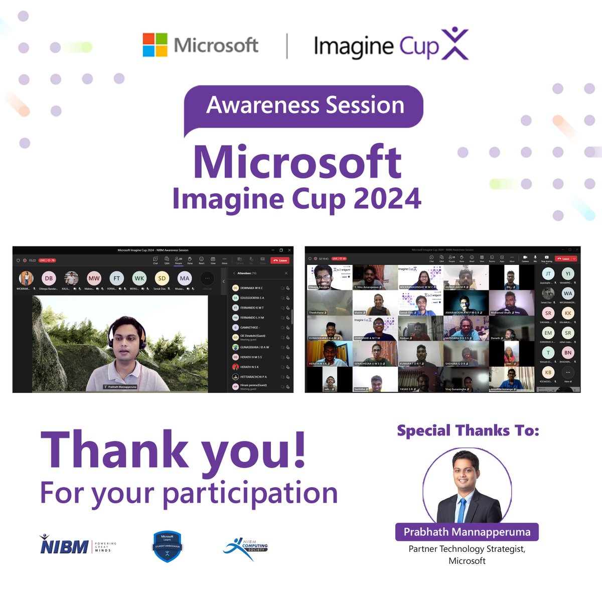 nibmcs's tweet image. We want to express our heartfelt gratitude to each and every one of you, including the 100+ participants, for making our Microsoft Imagine Cup 2024 awareness session a resounding success! 

#ImagineCup #AI #MicrosoftStartup #MLSA #MicrosoftLearn #NIBM #NIBMCS
