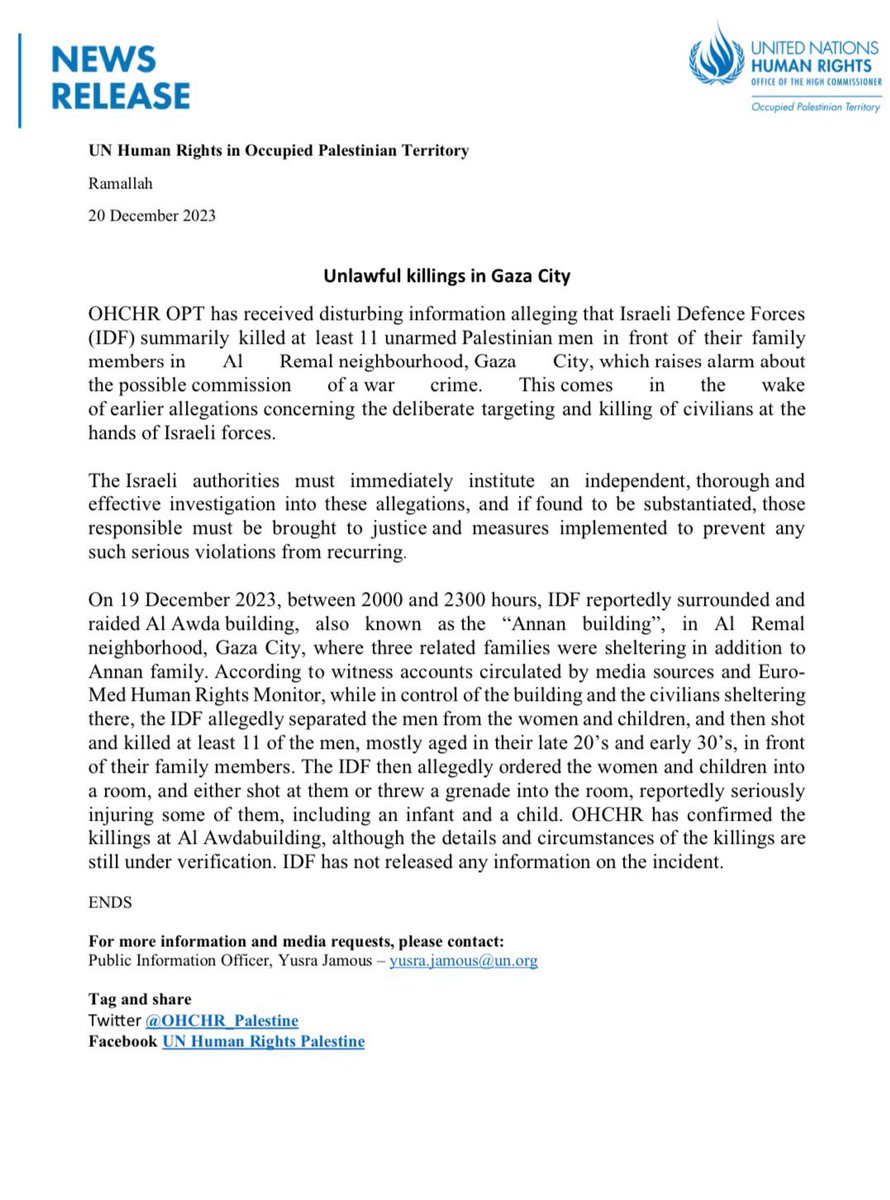 The UN has released a statement on reports of unarmed civilian Palestinian men being executed by Israeli forces in front of women & children, who then were corralled into a room and either were shot at or had a grenade thrown at them by the forces. Again, what do we call this?