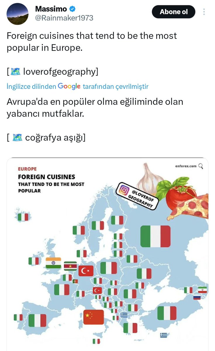 Siyasi haritayı mutfak haritası gibi paylaşıp mesajlaşlıyor İtalyanlar. Kültür kılıfı ile sunulan İtalyan işgali ortada. Gurbetçilerimize dikkat çekilmiş. İtalya-Çin ortaklığı gösterilmiş. Hindistan ve İngiliz bağı sergilenmiş. Askeri, siyasi, politik, iktisadi bir harita. Pizza.