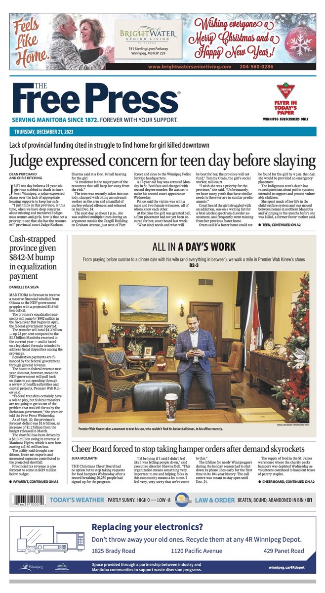 Judge expressed concern for teen day before slaying on the front of Thursday's @WinnipegNews #wfp