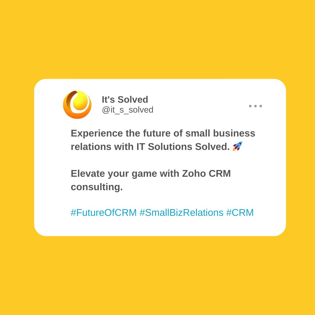 Experience the future of small business relations with IT Solutions Solved. 🚀 

Elevate your game with Zoho CRM consulting. 

#FutureOfCRM #SmallBizRelations #CRM 

Visit:- itsolutionssolved.com.au