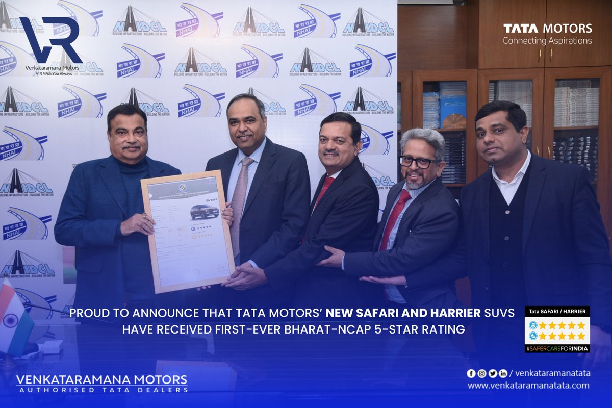 Proud to announce that Tata Motors’ #NewSafari and #NewHarrier SUVs have received first-ever Bharat-NCAP 5-star rating (adult occupant protection and child occupant protection), as per the Bharat New Car Assessment Programme

GNCAP ⭐⭐⭐⭐⭐ rating ✅
BNCAP ⭐⭐⭐⭐⭐ rating ✅