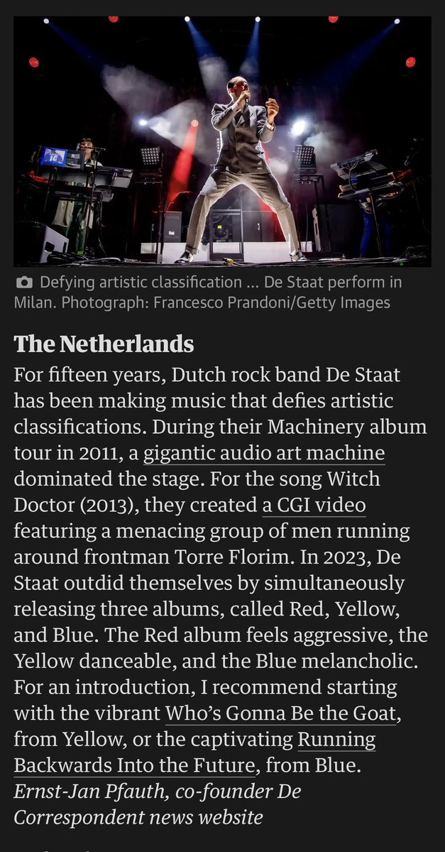 Awesomeness. (local) band <a href="/destaat/">De Staat</a> chosen as Best European Culture of 2023 for the Netherlands in the <a href="/guardian/">The Guardian</a> ! theguardian.com/culture/2023/d…