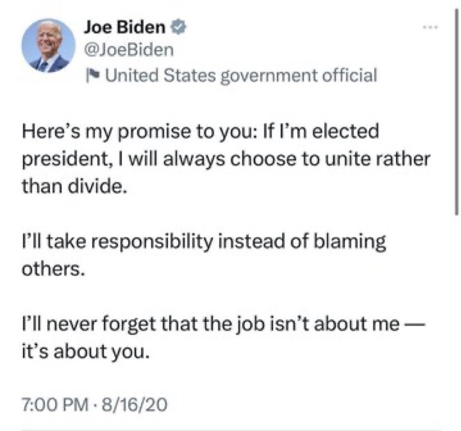 @JoeBiden I will always choose to unite rather than divide… What a lying hypocrite!!!
