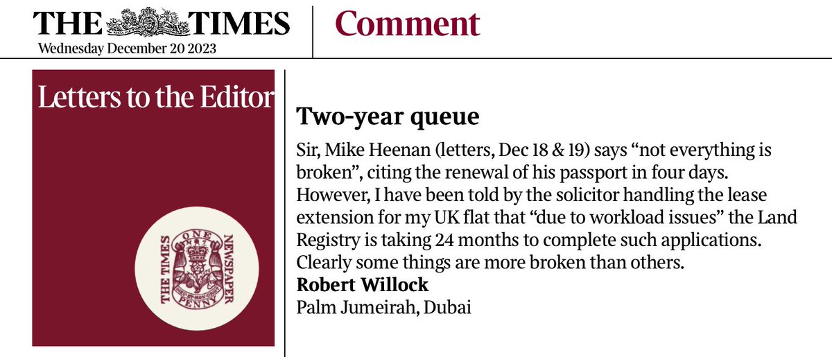 Was back on @thetimes letters page this week complaining about @HMLandRegistry’s turnaround times for lease extension applications.