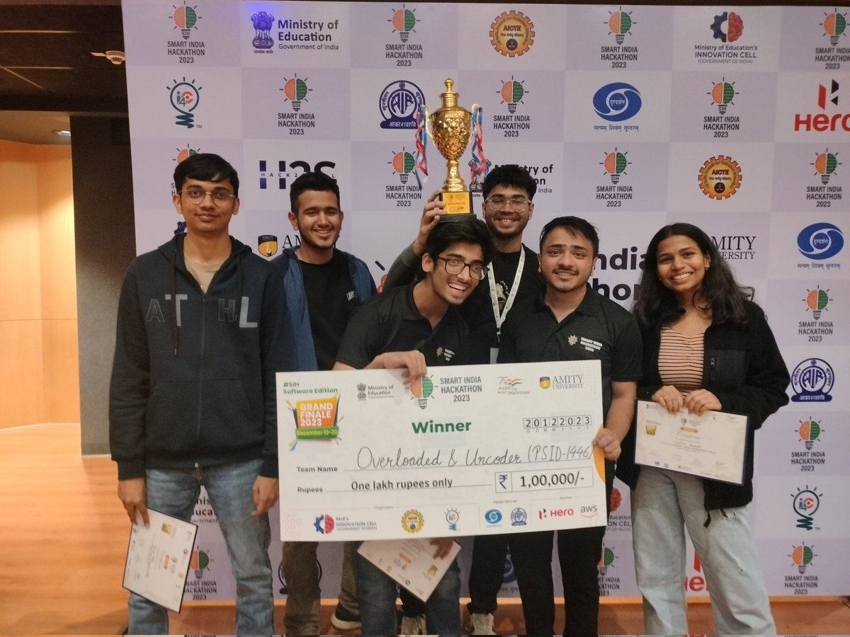 We won 🏆!!!

Thanks @mhrd_innovation and NTRO for the exciting problem statement. 

A special shoutout to @AmityUni for the amazing hospitality.
#SIH2023 #SmartIndiaHackathon2023