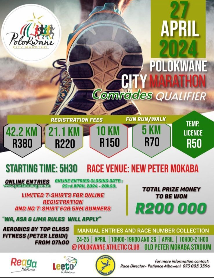 #ReagaPolokwane | Ready to sprint into a healthier future? Join us at the Polokwane City Marathon on 27 April 2024 – where the only traffic jam is a cohort of enthusiastic runners! Lace up and let's hit the pavement for a fitter, healthier you! #PolokwaneCityMarathon