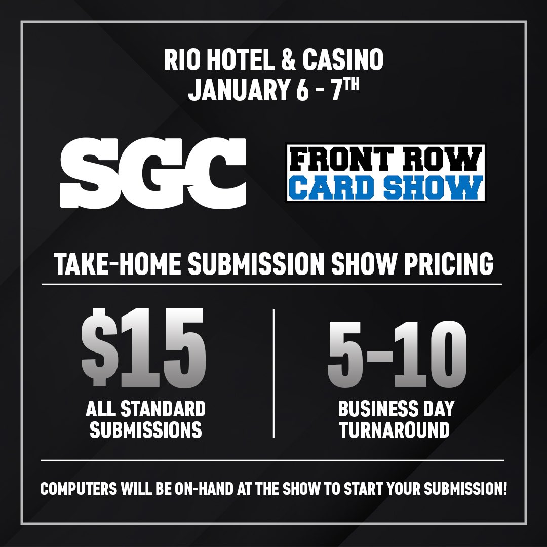 SGC will be here. BRING YOUR CARDS TO THE SHOW! #frontrowcardshow @sgcgrading #sgcgrading #gosgc #sgc #cardgrading #gradedcards #sportscards #tcgcards #pokemoncards #baseballcards #footballcards #basketballcards #ufccards #soccercards #marvelcards #starwarscards #vintagecards