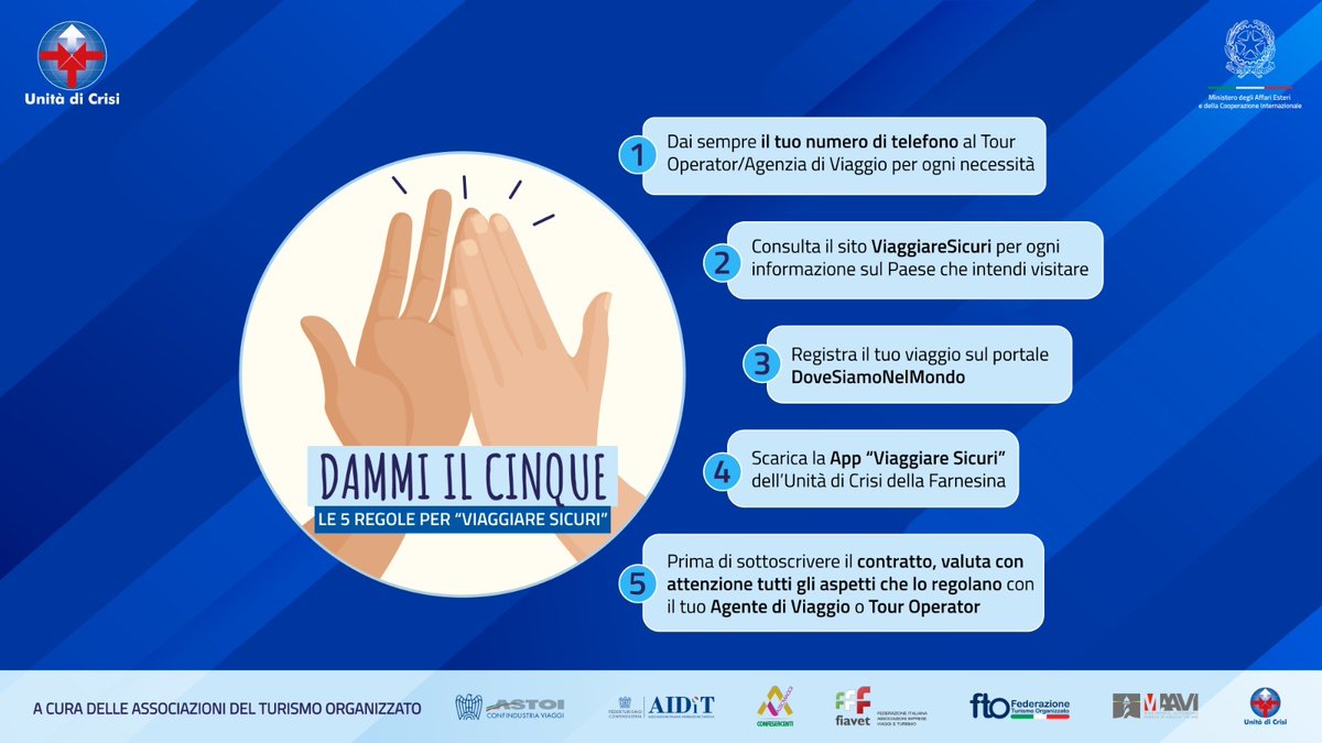ItalyMFA's tweet photo. ✈️Prenotare un viaggio attraverso il sistema del Turismo Organizzato da oggi è ancora più semplice.
🌍Consulta "Dammi il 5", documento nato dalla collaborazione tra #Farnesina e Turismo Organizzato con indicazioni pratiche per #ViaggiareSicuri all’estero⤵️
https://t.co/6AteGRzJZo https://t.co/Yrjr14ox5S