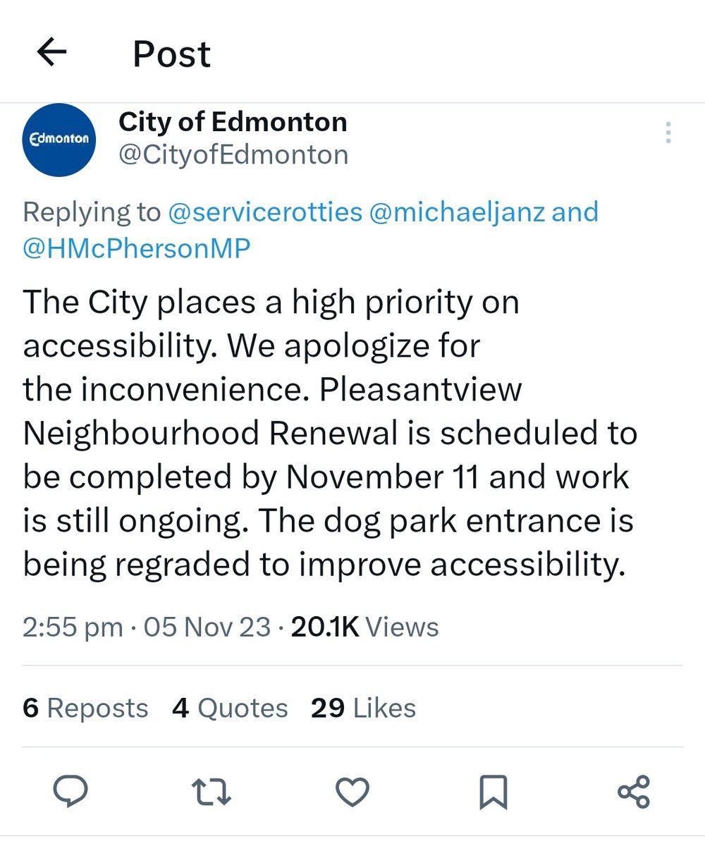 It's day 46 of reminding the <a href="/CityofEdmonton/">City of Edmonton</a> that barriers to accessibility are not an inconvenience. An inconvenience is having to pull into the waiting spot at McDonald's because it's taking extra time to make your latte. Calling barriers to access an inconvenience is offensive