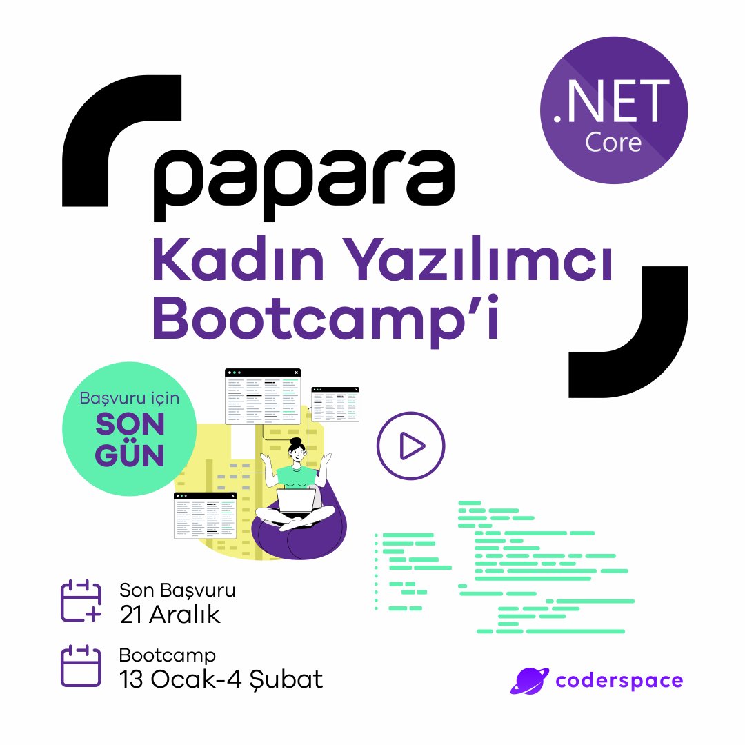 Papara Kadın Yazılımcı Bootcamp’i başvuruları için son gün bugün! ✅ Kadın yazılımcı adaylarına özel Bootcamp'e başvur, 👩‍💻 .NET Core öğren, 💜 Papara'da çalışma fırsatı yakala! coderspace.io/etkinlikler/pa…