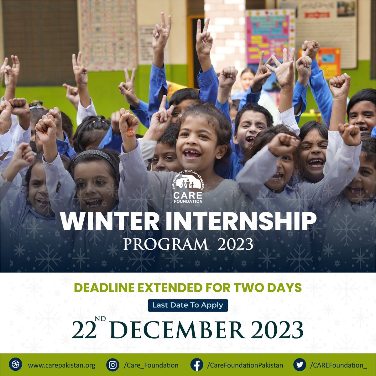 Our Winter Internship Program 23 deadline has been extended. 
To register, fill out our online application form at: bit.ly/47jmxhz or email your CVs/resumes to internship@carepakistan.org with the subject “Winter Internship 2023”.

#WinterInternship #CAREFoundation