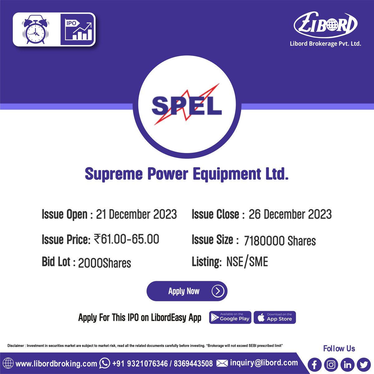 LibordBrokerage's tweet image. Innova Captab Ltd. , Indifra Ltd. and Supreme Power Equipment Ltd.#IPO hit the market from #Today
IPO Application Date: 21 December 2023 to 26 December 2023
Hurry to book your IPO at ekyc.libordbroking.com/eipo
#ApplyIPO #BookIPO #LatestIPO #IPOalert #IPONEWS #viralpost #nifty
