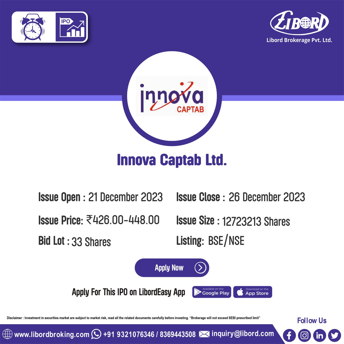 LibordBrokerage's tweet image. Innova Captab Ltd. , Indifra Ltd. and Supreme Power Equipment Ltd.#IPO hit the market from #Today
IPO Application Date: 21 December 2023 to 26 December 2023
Hurry to book your IPO at ekyc.libordbroking.com/eipo
#ApplyIPO #BookIPO #LatestIPO #IPOalert #IPONEWS #viralpost #nifty