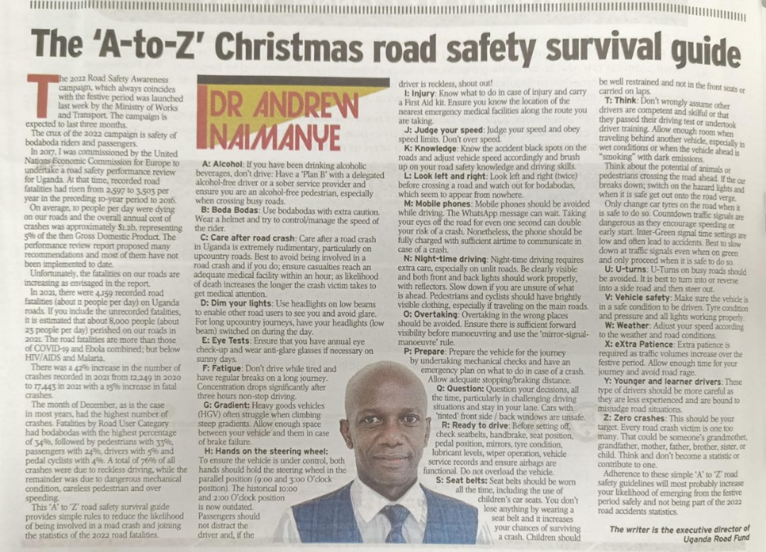 We can contribute to safer travels for ourselves and others this Christmas. Consider every decision you make on the road.
 #RoadSafetyug
#RoadSafetyWeek2023