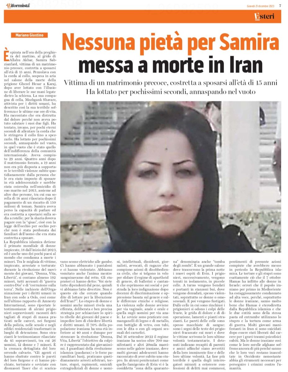 Nessuna pietà per #Samira messa a morte in #Iran.
@MarianoGiustino sul Riformista 👇🏽
#WomanLifeFreedom #DonnaVitaLibertà
#rassegnastampa