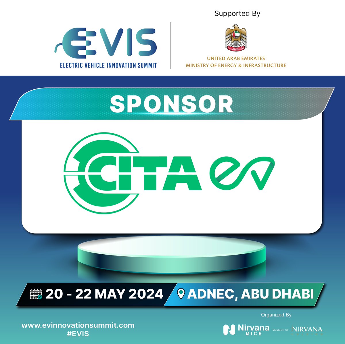 Exciting news! @citaevcharger  is teaming up with EVIS for a sustainable future! 
 As a proud sponsor of EVIS 2024, CITA brings cutting-edge charging solutions to power the electric vehicle revolution.
 Join us at ADNEC, Abu Dhabi, May 20-22, to witness innovation in action!