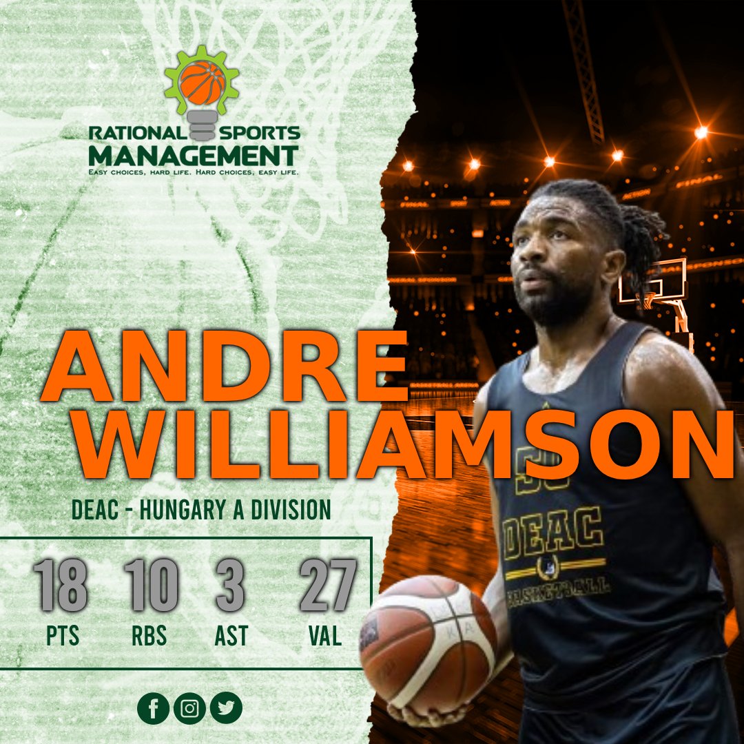 ℹ️ Andre Williamson dominated the paint against SZTE-Szedeák and delivered a double-double for DEAC. The US big guy filled the statsheet and finished the game with 1️⃣8️⃣ points, 1️⃣0️⃣ rebounds, 3️⃣ assists and 2️⃣7️⃣ VAL points.

#KeucheyanSportsMngmt #RSM #AndreWilliamson