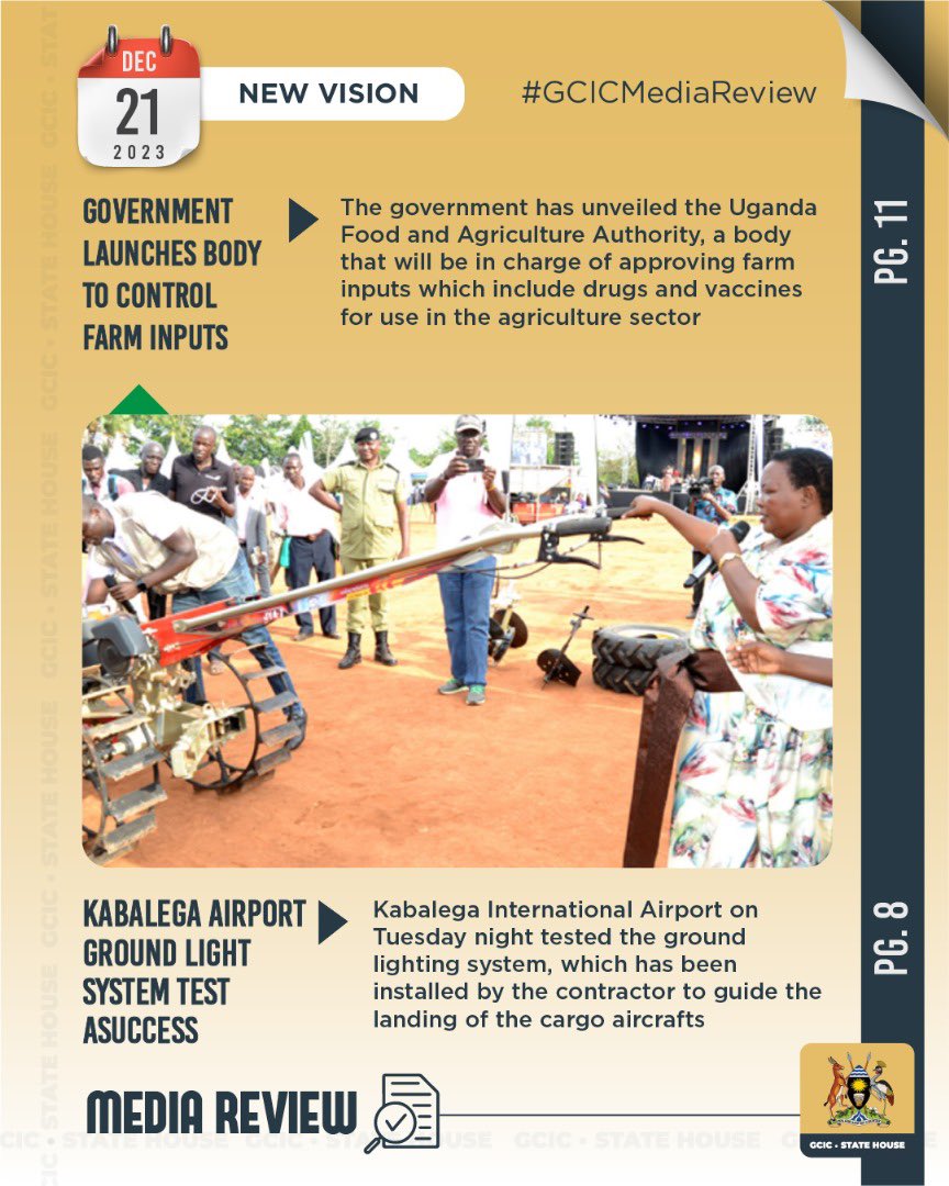 This Thursday #GCICMediaReview 📌 President Museveni gives ghetto youth Sh1.2 billion 📌 President Museveni reactivates LDUs in western Uganda 📌 @GovUganda launches body to control farm inputs 📌 Kabalega Airport ground light system test a success. #OpenGovUg