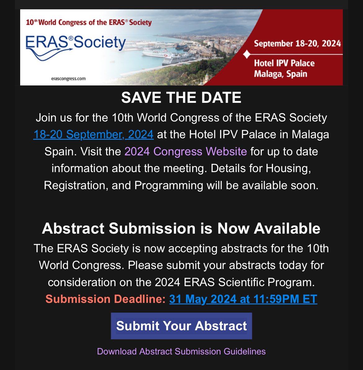 eras2024.abstractcentral.com/submission Abstract submission has opened @ErasSociety @HansDonaldeBoer @GreggNelsonERAS @BillFawcett @ProfMikeScott